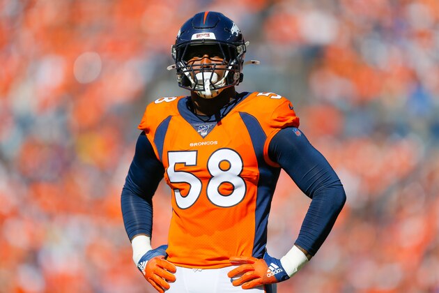 DENVER, CO - SEPTEMBER 29:  Outside Linebacker Von Miller #58 of the Denver Broncos stands on the field against the Jacksonville Jaguars during the first quarter at Empower Field at Mile High on September 29, 2019 in Denver, Colorado. The Jaguars defeated the Broncos 26-24. (Photo by Justin Edmonds/Getty Images)