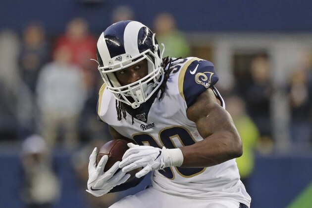 Los Angeles Rams running back Todd Gurley carries the ball during an NFL football game against the Seattle Seahawks, Thursday, Oct. 3, 2019, in Seattle. (AP Photo/Elaine Thompson)
