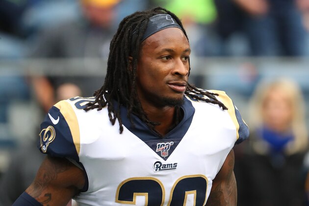 SEATTLE, WASHINGTON - OCTOBER 03: Todd Gurley #30 of the Los Angeles Rams looks on prior to taking on the Seattle Seahawks during their game at CenturyLink Field on October 03, 2019 in Seattle, Washington. (Photo by Abbie Parr/Getty Images)