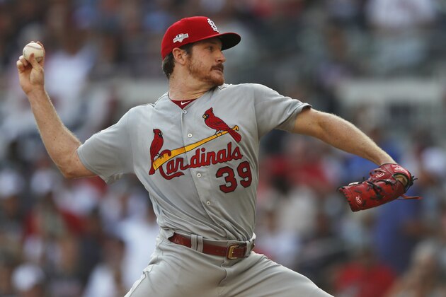 St. Louis Cardinals starting pitcher Miles Mikolas (39) works in the first inning during Game 1 of a best-of-five National League Division Series agaimnst the Atlanta Braves, Thursday, Oct. 3, 2019, in Atlanta. (AP Photo/John Bazemore)