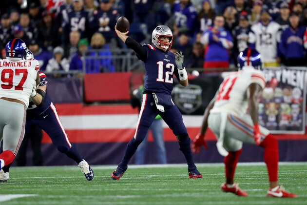 FOXBOROUGH, MASSACHUSETTS - OCTOBER 10: Tom Brady #12 of the New England Patriots throws a pass against the New York Giants during the first quarter in the game at Gillette Stadium on October 10, 2019 in Foxborough, Massachusetts. (Photo by Maddie Meyer/Getty Images)