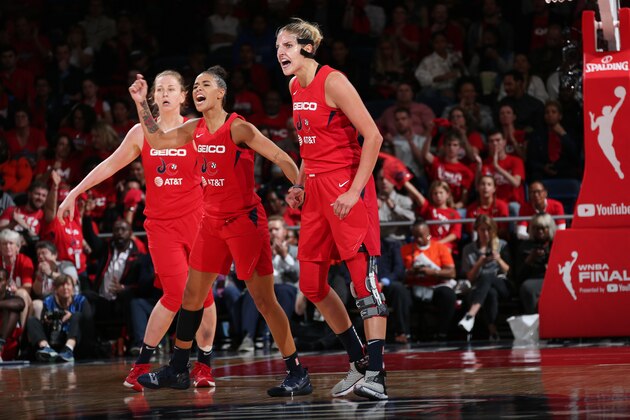 WASHINGTON, DC -  OCTOBER 10: Natasha Cloud #9 and Elena Delle Donne #11 of the Washington Mystics  react during a game against the Connecticut Sun during Game Five of the 2019 WNBA Finals on October 10, 2019 at St Elizabeths East Entertainment & Sports Arena in Washington, DC. NOTE TO USER: User expressly acknowledges and agrees that, by downloading and or using this Photograph, user is consenting to the terms and conditions of the Getty Images License Agreement. Mandatory Copyright Notice: Copyright 2019 NBAE (Photo by Ned Dishman/NBAE via Getty Images)