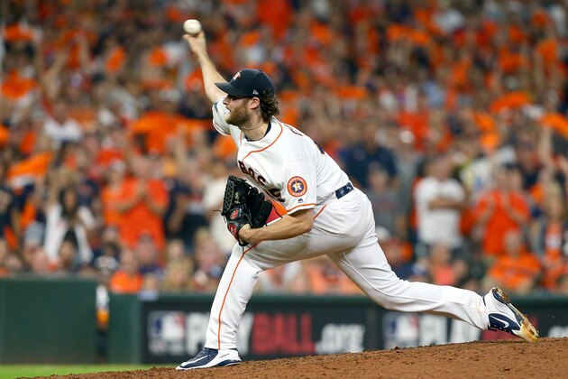 HOUSTON, TEXAS - OCTOBER 10:  Gerrit Cole #45 of the Houston Astros delivers the pitch against the Tampa Bay Rays during the seventh inning in game five of the American League Division Series at Minute Maid Park on October 10, 2019 in Houston, Texas. (Photo by Bob Levey/Getty Images)