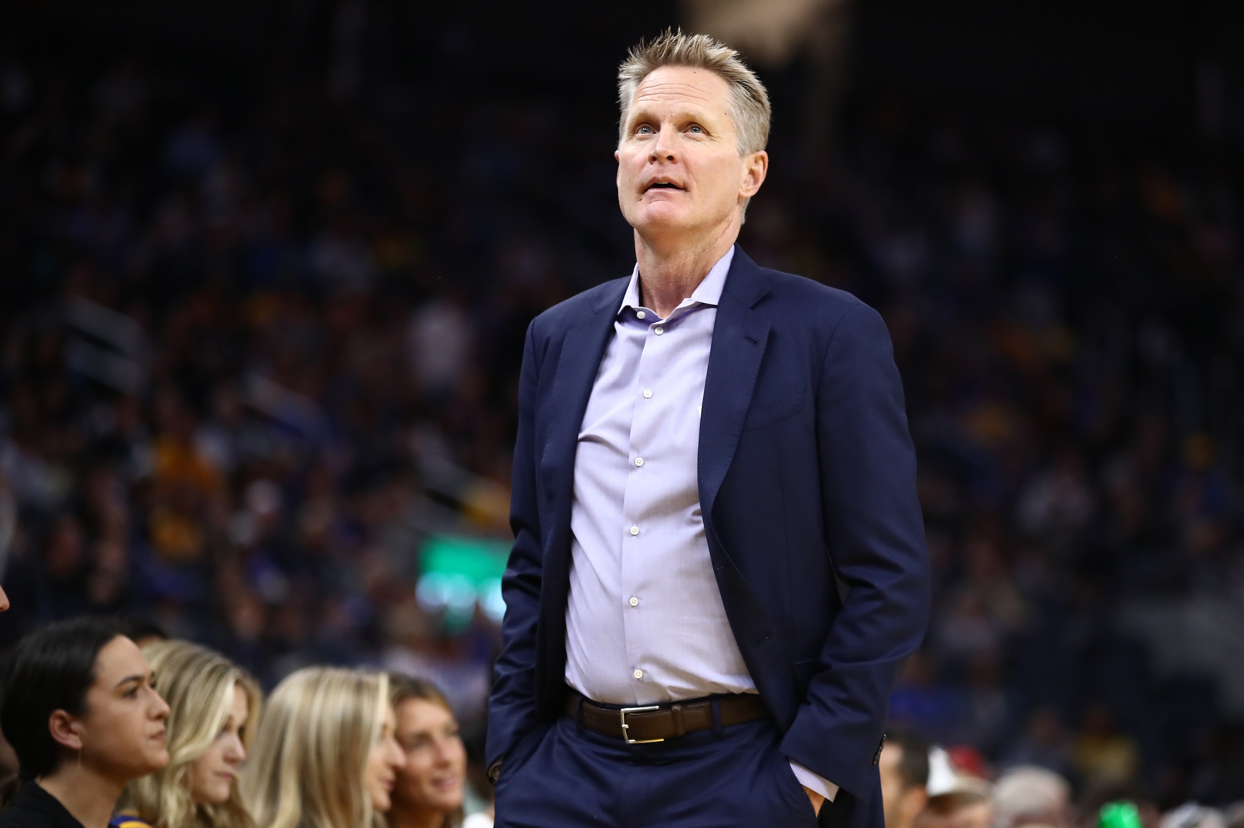 SAN FRANCISCO, CALIFORNIA - OCTOBER 05: Head coach Steve Kerr of the Golden State Warriors stands on the side of the court during their game against the Los Angeles Lakers at Chase Center on October 05, 2019 in San Francisco, California. NOTE TO USER: User expressly acknowledges and agrees that, by downloading and or using this photograph, User is consenting to the terms and conditions of the Getty Images License Agreement. (Photo by Ezra Shaw/Getty Images) SAN FRANCISCO, CALIFORNIA - OCTOBER 05: Head coach Steve Kerr of the Golden State Warriors stands on the side of the court during their game against the Los Angeles Lakers at Chase Center on October 05, 2019 in San Francisco, California. NOTE TO USER: User expressly acknowledges and agrees that, by downloading and or using this photograph, User is consenting to the terms and conditions of the Getty Images License Agreement. (Photo by Ezra Shaw/Getty Images)