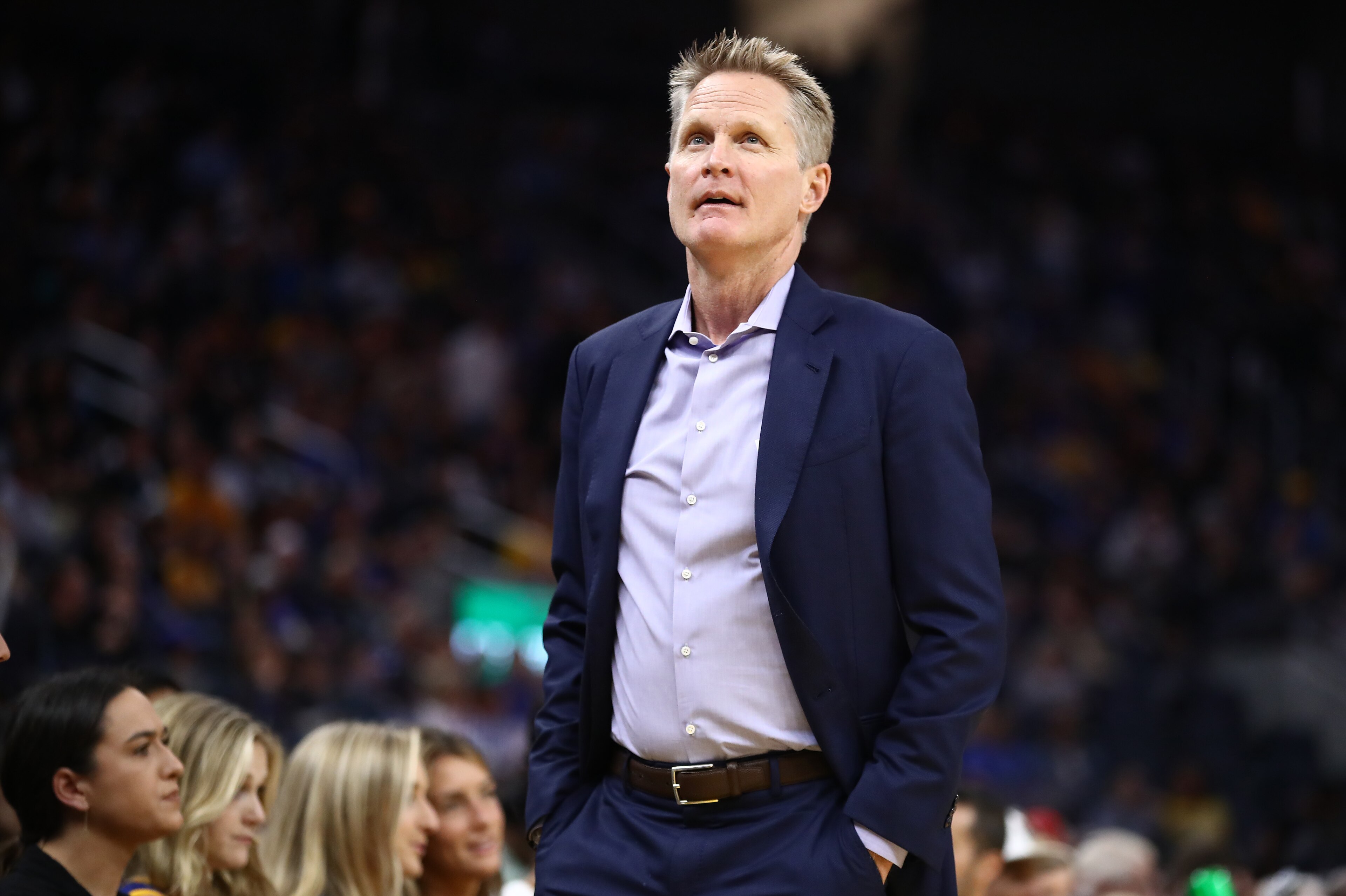 SAN FRANCISCO, CALIFORNIA - OCTOBER 05:  Head coach Steve Kerr of the Golden State Warriors stands on the side of the court during their game against the Los Angeles Lakers at Chase Center on October 05, 2019 in San Francisco, California.  NOTE TO USER: User expressly acknowledges and agrees that, by downloading and or using this photograph, User is consenting to the terms and conditions of the Getty Images License Agreement.  (Photo by Ezra Shaw/Getty Images)