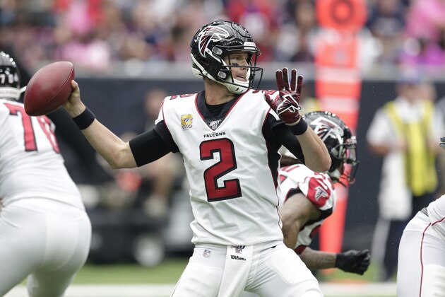 Atlanta Falcons quarterback Matt Ryan (2) during the first half of an NFL football game against the Houston Texans Sunday, Oct. 6, 2019, in Houston. (AP Photo/Michael Wyke)