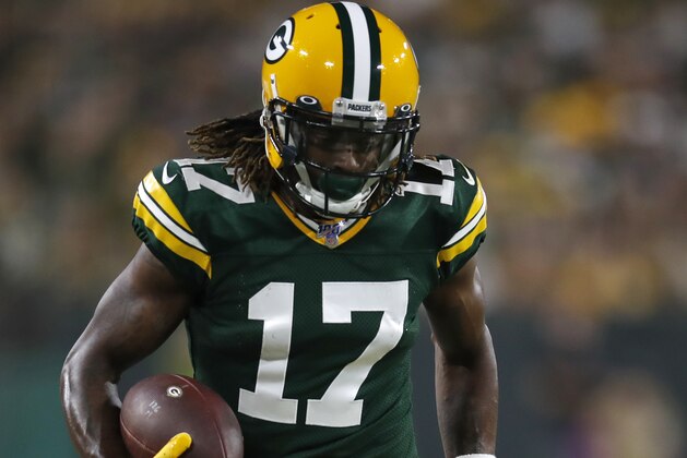 Green Bay Packers wide receiver Davante Adams (17) runs with the ball after a catch against the Philadelphia Eagles during an NFL football game, Thursday, Sept. 26, 2019, in Green Bay, Wis. The Eagles defeated the Packers 34-27. (Jeff Haynes/AP Images for Panini)