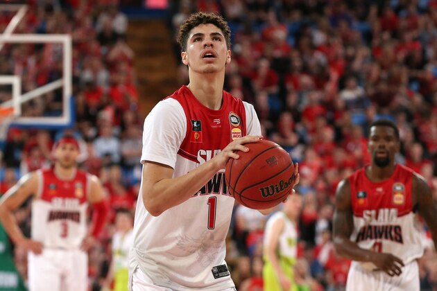 PERTH, AUSTRALIA - OCTOBER 11: LaMelo Ball of the Hawks shoots a free throw during the round two NBL match between the Perth Wildcats and the Illawarra Hawks at RAC Arena on October 11, 2019 in Perth, Australia. (Photo by Paul Kane/Getty Images)