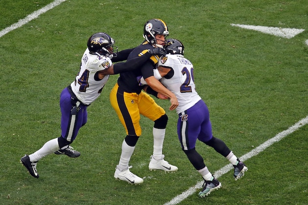PITTSBURGH, PA - OCTOBER 06: Mason Rudolph #2 of the Pittsburgh Steelers is injured on the play as he is tackled by Earl Thomas #29 and Brandon Carr #24 of the Baltimore Ravens on October 6, 2019 at Heinz Field in Pittsburgh, Pennsylvania. (Photo by Justin K. Aller/Getty Images) PITTSBURGH, PA - OCTOBER 06: Mason Rudolph #2 of the Pittsburgh Steelers is injured on the play as he is tackled by Earl Thomas #29 and Brandon Carr #24 of the Baltimore Ravens on October 6, 2019 at Heinz Field in Pittsburgh, Pennsylvania. (Photo by Justin K. Aller/Getty Images)