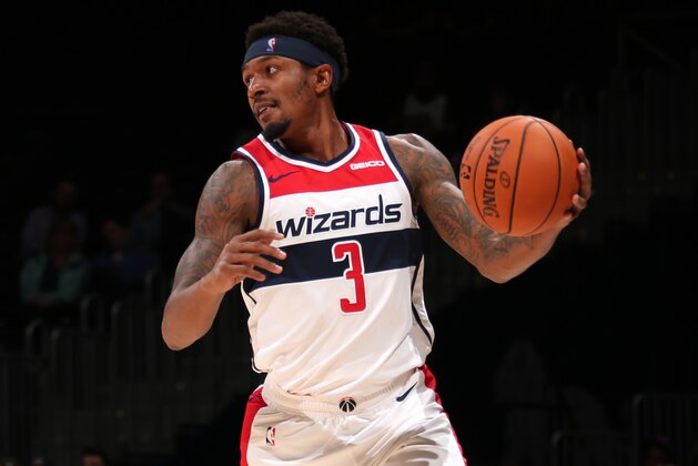 WASHINGTON, DC -¬ OCTOBER 7: Bradley Beal #3 of Washington Wizards handles the ball against the New York Knicks during pre-season on October 7, 2019 at Capital One Arena in Washington, DC. NOTE TO USER: User expressly acknowledges and agrees that, by downloading and or using this Photograph, user is consenting to the terms and conditions of the Getty Images License Agreement. Mandatory Copyright Notice: Copyright 2019 NBAE (Photo by Ned Dishman/NBAE via Getty Images)