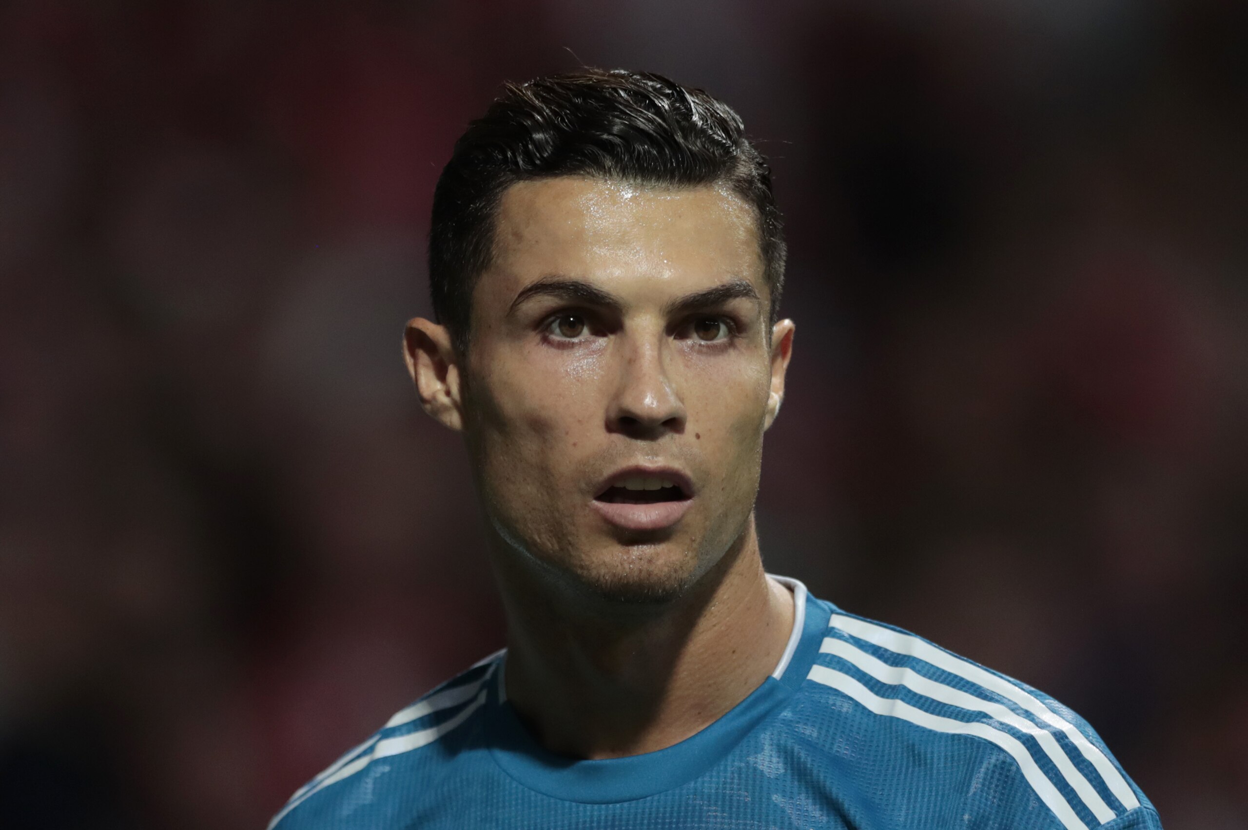 Juventus' Cristiano Ronaldo reacts during the Champions League Group D soccer match between Atletico Madrid and Juventus at the Wanda Metropolitano stadium in Madrid, Spain, Wednesday, Sept. 18, 2019. (AP Photo/Bernat Armangue)