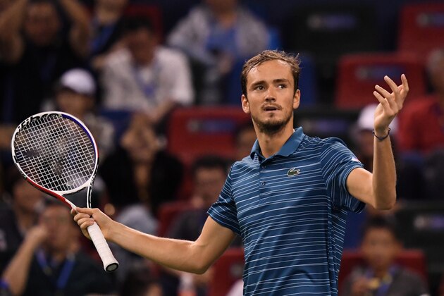 Daniil Medvedev of Russia reacts while playing against Stefanos Tsitsipas of Greece during their men's singles semi-final match at the Shanghai Masters tennis tournament in Shanghai on October 12, 2019. (Photo by NOEL CELIS / AFP) (Photo by NOEL CELIS/AFP via Getty Images)