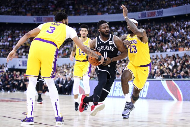 SHENZHEN, CHINA - OCTOBER 12: #0 David Nwaba of the Brooklyn Nets in action during the match against #3 Anthony Davis and LeBron James #23 of the Los Angeles Lakers during a preseason game as part of 2019 NBA Global Games China at Shenzhen Universiade Center on October 12, 2019 in Shenzhen, Guangdong, China. (Photo by Zhong Zhi/Getty Images)