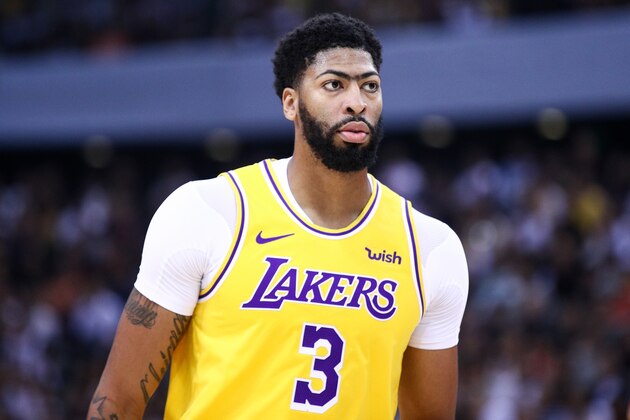 SHENZHEN, CHINA - OCTOBER 12: Anthony Davis #3 of the Los Angeles Lakers looks on during the match against the Brooklyn Nets during a preseason game as part of 2019 NBA Global Games China at Shenzhen Universiade Center on October 12, 2019 in Shenzhen, Guangdong, China. (Photo by Zhong Zhi/Getty Images)