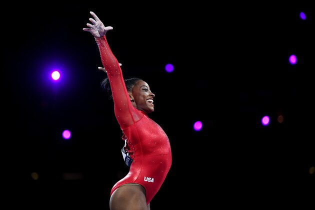 STUTTGART, GERMANY - OCTOBER 12: Simone Biles of United States reacts after her routine in Women's Vault Final in the Apparatus Finals during Day 9 of 49th FIG Artistic Gymnastics World Championships at Hanns-Martin-Schleyer-Halle on October 12, 2019 in Stuttgart, Germany. (Photo by Laurence Griffiths/Getty Images)