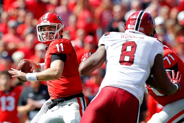 ATHENS, GEORGIA - OCTOBER 12:  Jake Fromm #11 of the Georgia Bulldogs looks to pass against the South Carolina Gamecocks in the first half at Sanford Stadium on October 12, 2019 in Athens, Georgia. (Photo by Kevin C. Cox/Getty Images)