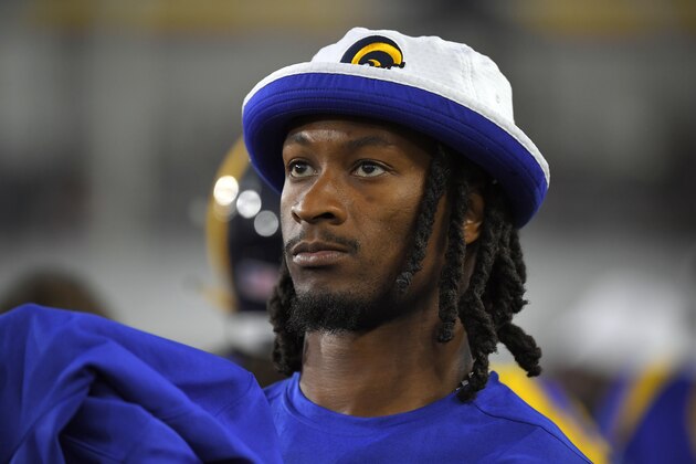 Los Angeles Rams running back Todd Gurley looks on from the sideline during the first half of an NFL preseason football game against the Los Angeles Rams Saturday, Aug. 24, 2019, in Los Angeles. (AP Photo/Mark J. Terrill)