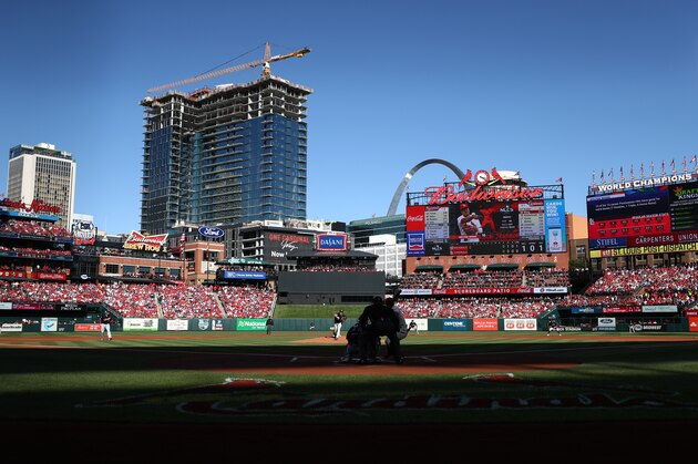 ST LOUIS, MISSOURI - OCTOBER 12: A general view of Busch Stadium as starting pitcher Max Scherzer #31 of the Washington Nationals delivers a pitch in the first inning of game two of the National League Championship Series against the St. Louis Cardinals on October 12, 2019 in St Louis, Missouri. (Photo by Jamie Squire/Getty Images)