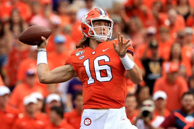 CLEMSON, SOUTH CAROLINA - OCTOBER 12: Trevor Lawrence #16 of the Clemson Tigers drops back to pass againstthe Florida State Seminoles during their game at Memorial Stadium on October 12, 2019 in Clemson, South Carolina. (Photo by Streeter Lecka/Getty Images)