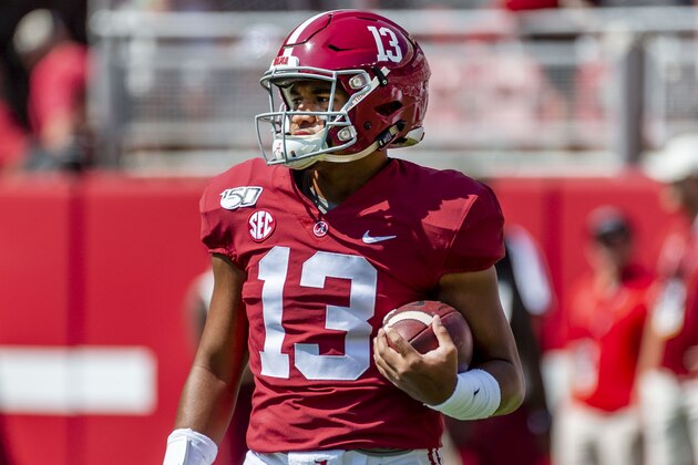 Alabama quarterback Tua Tagovailoa (13) before an NCAA college football game against Mississippi, Saturday, Sept. 28, 2019, in Tuscaloosa, Ala. (AP Photo/Vasha Hunt)