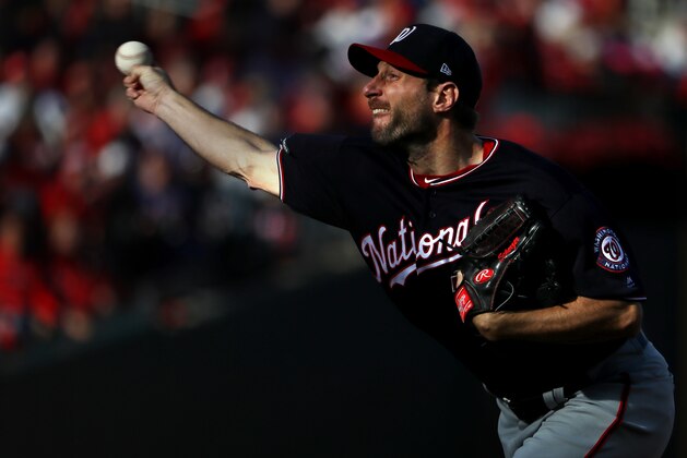 ST LOUIS, MISSOURI - OCTOBER 12: Max Scherzer #31 of the Washington Nationals delivers a pitch during the fourth inning of game two of the National League Championship Series against the St. Louis Cardinals at Busch Stadium on October 12, 2019 in St Louis, Missouri. (Photo by Jamie Squire/Getty Images)