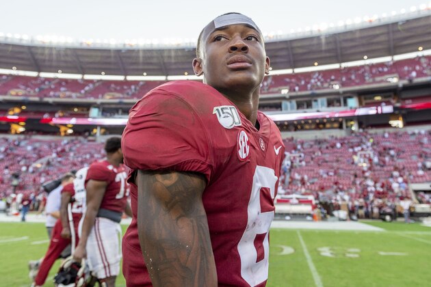 Alabama wide receiver DeVonta Smith (6) walks off the field after an NCAA college football game against Mississippi, Saturday, Sept. 28, 2019, in Tuscaloosa, Ala. (AP Photo/Vasha Hunt)