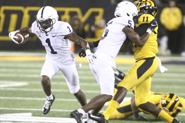IOWA CITY, IOWA- OCTOBER 12:  Wide receiver K.J. Hamler #1 of the Penn State Nittany Lions runs up the field in the second half against the Iowa Hawkeyes, on October 12, 2019 at Kinnick Stadium in Iowa City, Iowa.  (Photo by Matthew Holst/Getty Images)