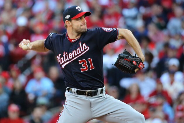 ST LOUIS, MISSOURI - OCTOBER 12: Max Scherzer #31 of the Washington Nationals delivers during the second inning of game two of the National League Championship Series against the St. Louis Cardinals at Busch Stadium on October 12, 2019 in St Louis, Missouri. (Photo by Scott Kane/Getty Images)