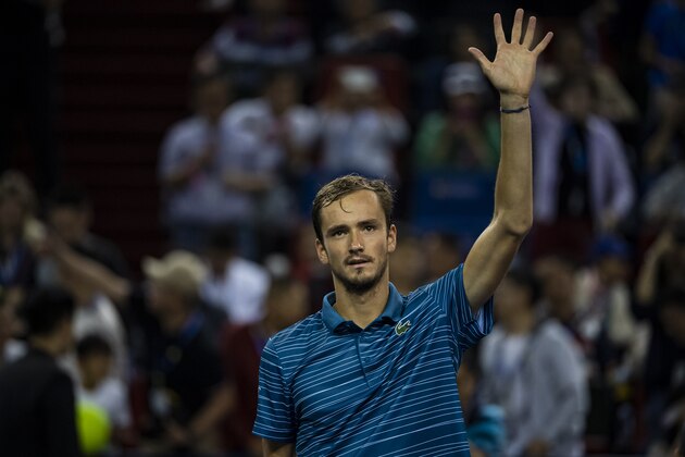 SHANGHAI, CHINA - OCTOBER 12: Daniil Medvedev of Russia celebrates his victory over Stafanos Tsitsipas of Greece in the semi-finals of the Rolex Shanghai Masters the at Qi Zhong Tennis Centre on October 12, 2019 in Shanghai, China. (Photo by TPN/Getty Images)