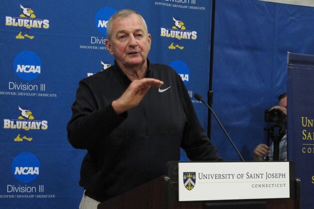 Hall of Fame basketball coach Jim Calhoun talks about his efforts in building a new basketball program at Saint Joseph, a Division III school, during a news conference on the school's West Hartford, Conn., campus Wednesday, May 16, 2018. (AP Photo/Pat Eaton-Robb)