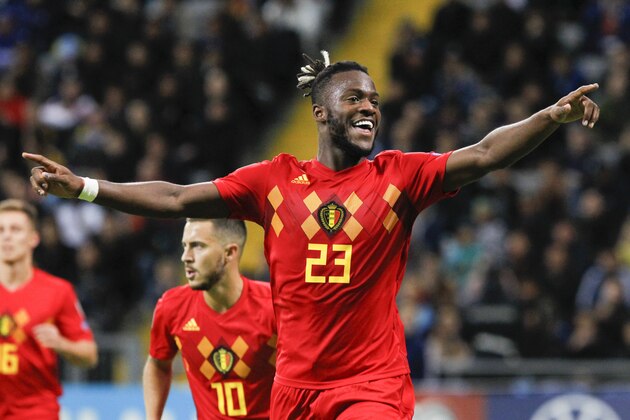 Belgium's Michy Batshuayi celebrates after scoring the opening goal during the Euro 2020 group I qualifying soccer match between Kazakhstan and Belgium at the Astana Arena stadium in Nur-Sultan, Kazakhstan, Sunday, Oct. 13, 2019. (AP Photo)