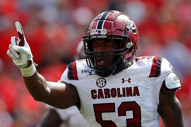 ATHENS, GEORGIA - OCTOBER 12:   Ernest Jones #53 of the South Carolina Gamecocks reacts after a defensive stop against the Georgia Bulldogs in the second half at Sanford Stadium on October 12, 2019 in Athens, Georgia. (Photo by Kevin C. Cox/Getty Images)