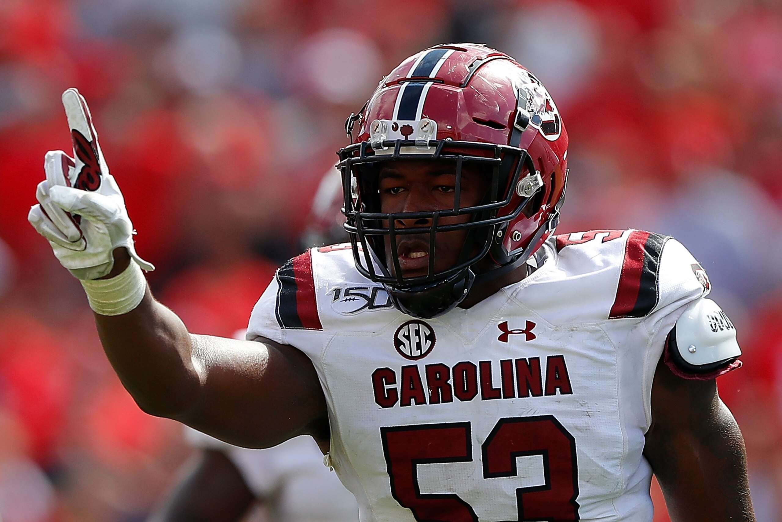 ATHENS, GEORGIA - OCTOBER 12: Ernest Jones #53 of the South Carolina Gamecocks reacts after a defensive stop against the Georgia Bulldogs in the second half at Sanford Stadium on October 12, 2019 in Athens, Georgia. (Photo by Kevin C. Cox/Getty Images) ATHENS, GEORGIA - OCTOBER 12: Ernest Jones #53 of the South Carolina Gamecocks reacts after a defensive stop against the Georgia Bulldogs in the second half at Sanford Stadium on October 12, 2019 in Athens, Georgia. (Photo by Kevin C. Cox/Getty Images)