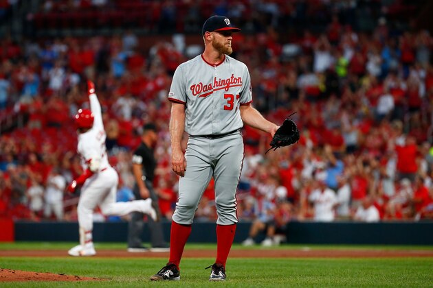 ST LOUIS, MO - SEPTEMBER 16: Stephen Strasburg #37 of the Washington Nationals reacts after giving up a two-run home run to Marcell Ozuna #23 of the St. Louis Cardinals in the first inning at Busch Stadium on September 16, 2019 in St Louis, Missouri. (Photo by Dilip Vishwanat/Getty Images)