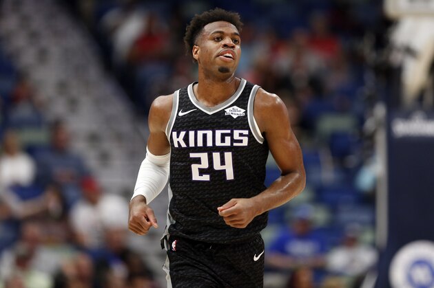 Sacramento Kings guard Buddy Hield (24) during the first half of an NBA basketball game in New Orleans, Thursday, March 28, 2019. (AP Photo/Tyler Kaufman)