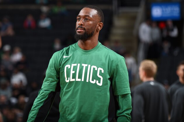 BOSTON, MA - OCTOBER 6: Kemba Walker #8 of the Boston Celtics looks on before the game against the Charlotte Hornets on October 6, 2019 at the TD Garden in Boston, Massachusetts.  NOTE TO USER: User expressly acknowledges and agrees that, by downloading and or using this photograph, User is consenting to the terms and conditions of the Getty Images License Agreement. Mandatory Copyright Notice: Copyright 2019 NBAE  (Photo by Brian Babineau/NBAE via Getty Images)