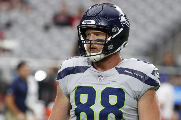 Seattle Seahawks tight end Will Dissly (88) during an NFL football game against the Arizona Cardinals, Sunday, Sept. 30, 2018, in Glendale, Ariz. (AP Photo/Rick Scuteri)