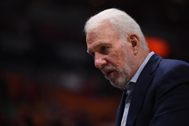 MIAMI, FLORIDA - OCTOBER 08: Gregg Popovich Head Coach of the San Antonio Spurs coaching against the Miami Heat during the first half of the preseason game at American Airlines Arena on October 08, 2019 in Miami, Florida. NOTE TO USER: User expressly acknowledges and agrees that, by downloading and or using this photograph, User is consenting to the terms and conditions of the Getty Images License Agreement. (Photo by Mark Brown/Getty Images)