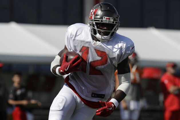Tampa Bay Buccaneers wide receiver Chris Godwin (12) during an NFL football training camp practice Sunday, July 28, 2019, in Tampa, Fla. (AP Photo/Chris O'Meara)