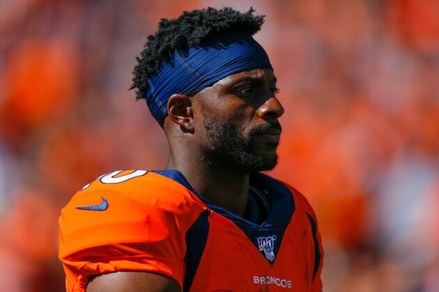 DENVER, CO - SEPTEMBER 29:  Wide receiver Emmanuel Sanders #10 of the Denver Broncos stands on the field against the Jacksonville Jaguars before the game at Empower Field at Mile High on September 29, 2019 in Denver, Colorado. The Jaguars defeated the Broncos 26-24. (Photo by Justin Edmonds/Getty Images)