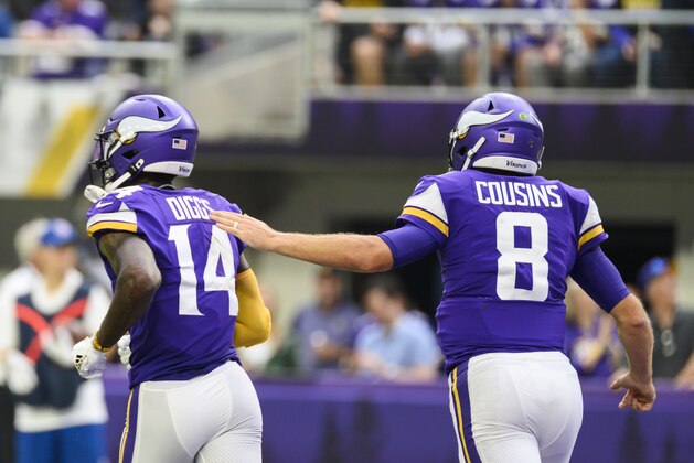 MINNEAPOLIS, MN - SEPTEMBER 08: Kirk Cousins #8 of the Minnesota Vikings pats the back of teammate Stefon Diggs #14 after scoring a touchdown in the second quarter of the game against the Atlanta Falcons at U.S. Bank Stadium on September 8, 2019 in Minneapolis, Minnesota. (Photo by Stephen Maturen/Getty Images) MINNEAPOLIS, MN - SEPTEMBER 08: Kirk Cousins #8 of the Minnesota Vikings pats the back of teammate Stefon Diggs #14 after scoring a touchdown in the second quarter of the game against the Atlanta Falcons at U.S. Bank Stadium on September 8, 2019 in Minneapolis, Minnesota. (Photo by Stephen Maturen/Getty Images)