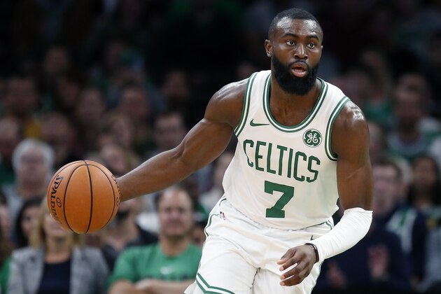 Boston Celtics' Jaylen Brown (7) plays against the Charlotte Hornets during the first half of a preseason NBA basketball game in Boston, Sunday, Oct. 6, 2019. (AP Photo/Michael Dwyer)