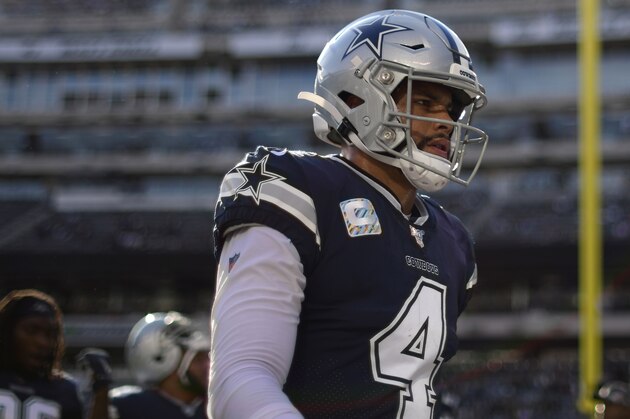 EAST RUTHERFORD, NEW JERSEY - OCTOBER 13:  Dak Prescott #4 of the Dallas Cowboys walks off the field after warm ups prior to the game against the New York Jets at MetLife Stadium on October 13, 2019 in East Rutherford, New Jersey. (Photo by Steven Ryan/Getty Images)