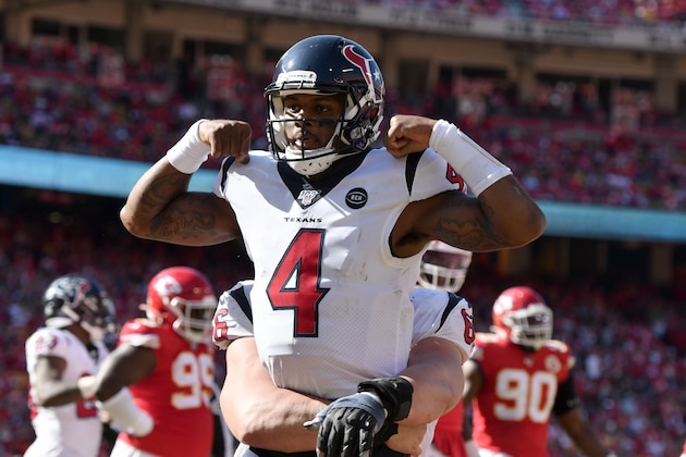 Houston Texans quarterback Deshaun Watson (4) celebrates his touchdown against the Kansas City Chiefs during the second half of an NFL football game in Kansas City, Mo., Sunday, Oct. 13, 2019. (AP Photo/Ed Zurga)