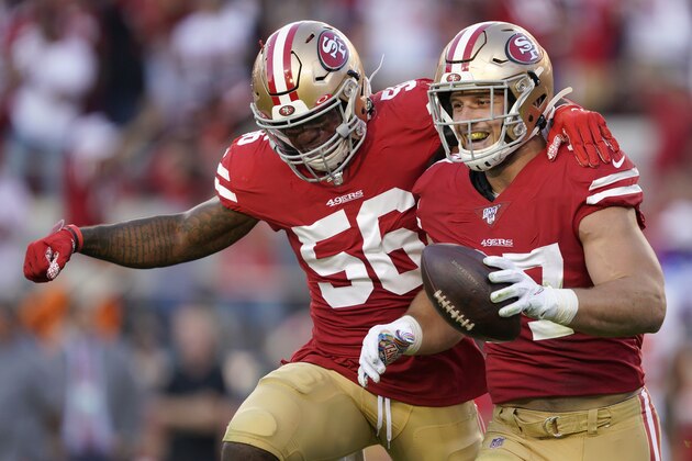 San Francisco 49ers defensive end Nick Bosa, right, celebrates with middle linebacker Kwon Alexander (56) after recovering a fumble by Cleveland Browns quarterback Baker Mayfield during the first half of an NFL football game in Santa Clara, Calif., Monday, Oct. 7, 2019. (AP Photo/Tony Avelar)