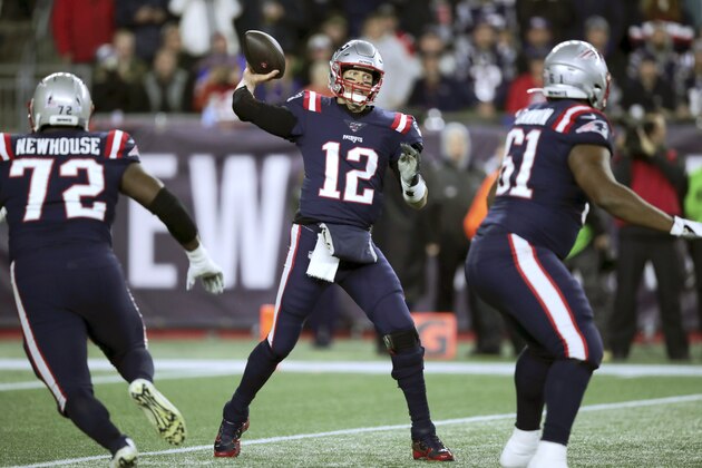 New England Patriots quarterback Tom Brady passes against the New York Giants in the first half of an NFL football game, Thursday, Oct. 10, 2019, in Foxborough, Mass. (AP Photo/Charles Krupa)