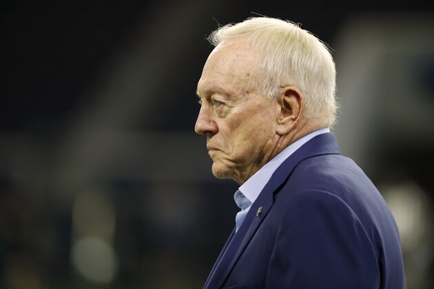 Dallas Cowboys team owner Jerry Jones watches the team work out at the team's practice facility in Frisco, Texas, Thursday, Sept. 5, 2019. (AP Photo/Tony Gutierrez)