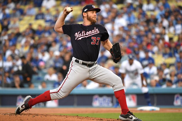 LOS ANGELES, CALIFORNIA - OCTOBER 09: Stephen Strasburg #37 of the Washington Nationals delivers against the Los Angeles Dodgers in the first inning of game five of the National League Division Series at Dodger Stadium on October 09, 2019 in Los Angeles, California. (Photo by Harry How/Getty Images)
