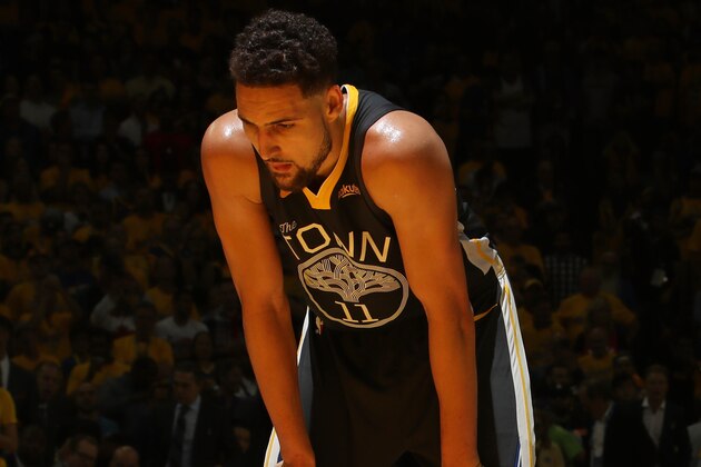 OAKLAND, CA - JUNE 13: Klay Thompson #11 of the Golden State Warriors looks on prior to his foul shot after injuring his knee against the Toronto Raptors during Game Six of the 2019 NBA Finals on June 13, 2019 at ORACLE Arena in Oakland, California. NOTE TO USER: User expressly acknowledges and agrees that, by downloading and/or using this photograph, user is consenting to the terms and conditions of Getty Images License Agreement. Mandatory Copyright Notice: Copyright 2019 NBAE (Photo by Nathaniel S. Butler/NBAE via Getty Images)