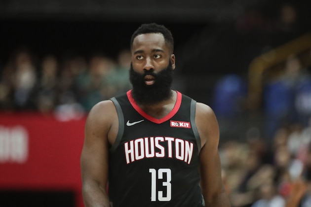 Houston Rockets' James Harden walk on the court during the first half of an NBA preseason basketball game against the Toronto Raptors Tuesday, Oct. 8, 2019, in Saitama, near Tokyo. (AP Photo/Jae C. Hong)